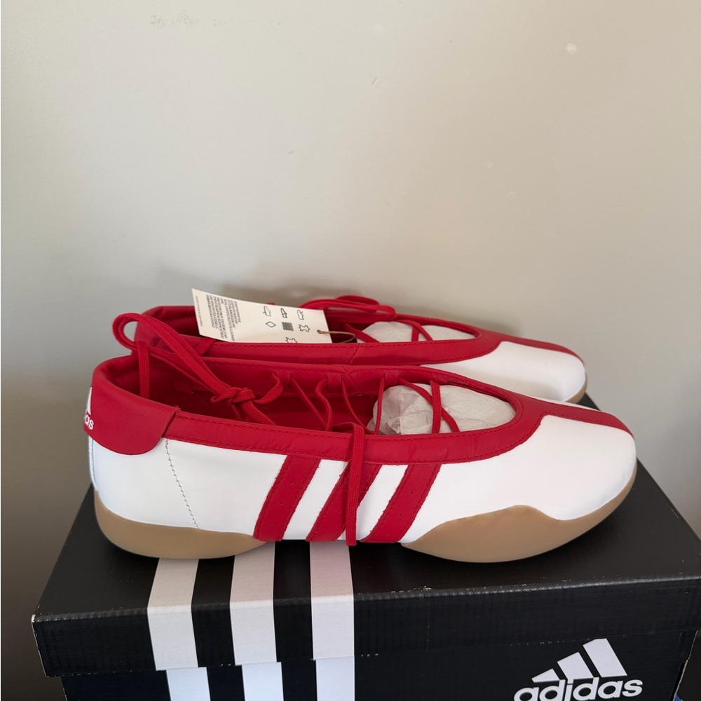 adidas Women’s White Ballet Flat Sneakers with Red Trim